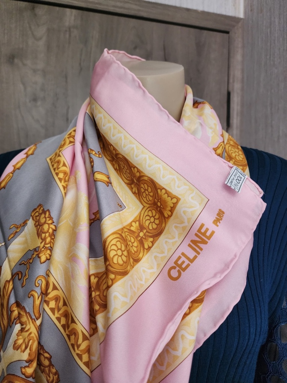 Celine Pink, Gold & Gray Silk-Style Printed Scarf
